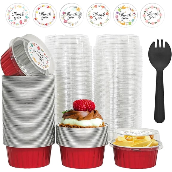 100 Pcs Aluminum Foil Baking Cups with Lids,5oz cupcake liners with lids,Disposable Ramekins Mini Cake Containers Tin Mini Muffin Liners for Wedding Christmas Party (Red)