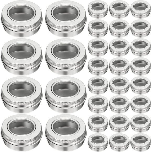 100 Pcs Aluminum Tin Jar Refillable Containers Clear Top Screw Lid Round Tin Container Bottle for Cosmetic, Cream, Diamond Painting, Salves, Balms, Lip Balm, Spices or Others, Silver (1 oz)