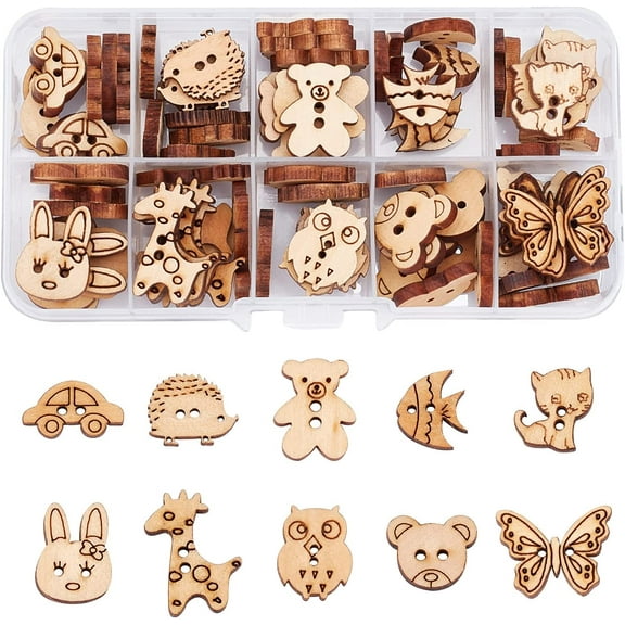 100 Pcs Animal Style Wooden Sewing Buttons 2-Hole Rabbit Butterfly Bear Sewing Buttons Unfinished Wood Decorative Buttons