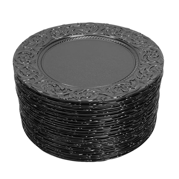 100 Pcs Antique Charger Plates 13 Inch Round Reusable Serving Ware PP Embossed Floral Plates for Table Dinner Kitchen Party Decoration (Silver)