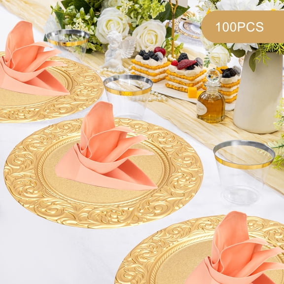 100 Pcs Antique Charger Plates Bulk Gold Round Plastic Dinner Plate Embossed Rim Server Plate Decorative Chargers Floral Plates for Dinner Parties Wedding,13 Inch
