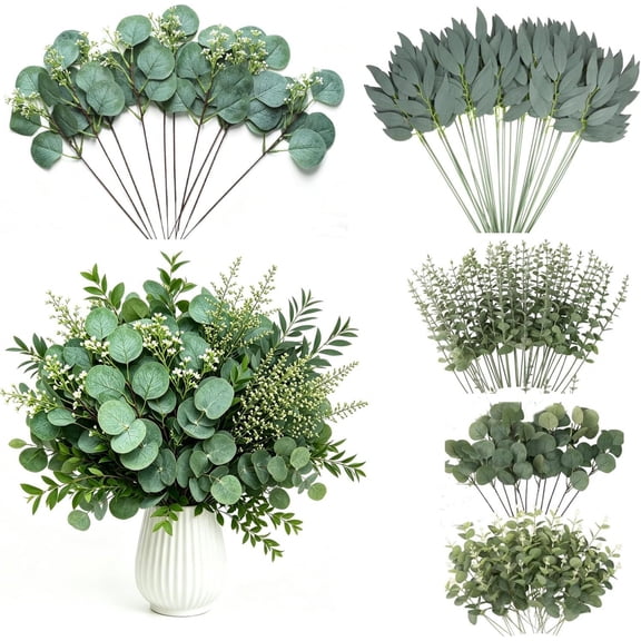 100 Pcs Artificial Mixed Eucalyptus Stems Leaves Bulk, 5 Kinds Fake Greenery Silver Dollar Eucalyptus Leaves Picks, Faux Greenery Stems for Vase Wedding DIY Bouquets Floral Arrangement Home Dcor