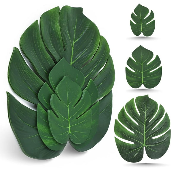 100 Pcs Artificial Palm Leaves 7 Kinds Faux Tropical Monstera Leaves with Stems for Hawaiian Luau Party Jungle Beach Theme Party Table Leave Decorations A