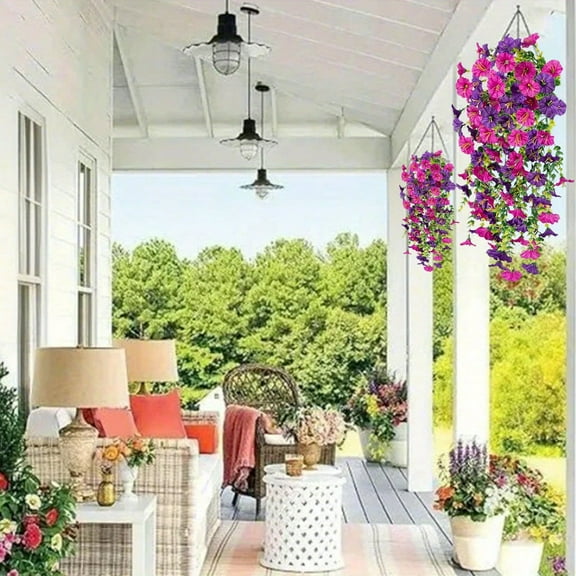 2PCS Artificial Hanging Flowers Fake Plants Outdoor,Morning Glory Faux Flowers with Eucalyptus Leaves,UV Resistant Realistic Hanging Plants for Home Yard Garden Decor Home Decor