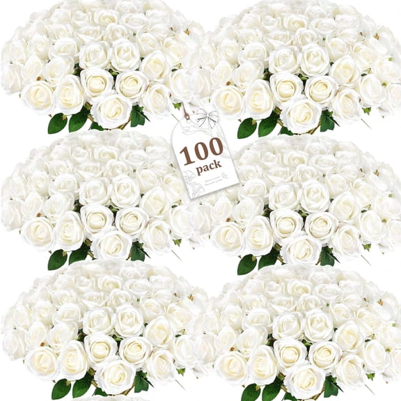 100 Pcs Artificial Roses Bulk, White Velvet Silk Fake Roses, Realistic White Flowers for Mother's Day, Wedding Centerpieces, Bridal Bouquets, Home Decor, Valentine's Day Party Decorations
