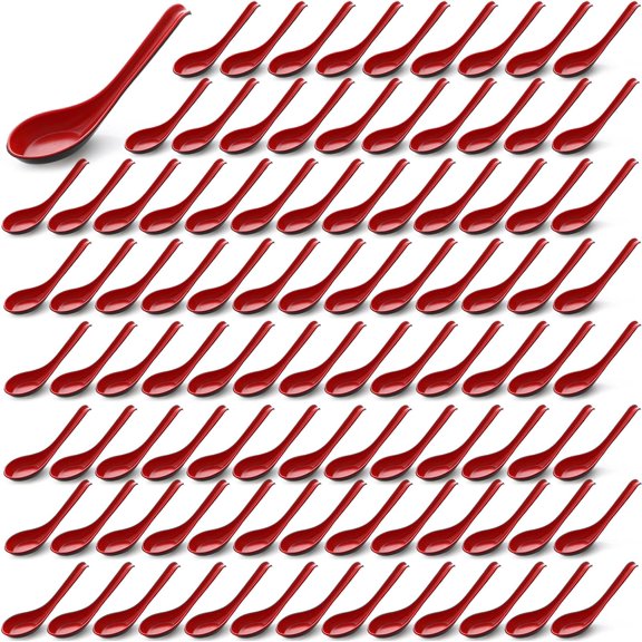 100 Pcs Asian Chinese Soup Spoons 6.3 Inches Japanese Korean Miso Soup Spoons Red and Black Bulk with Hook for Soba Wonton Rice Pho Ramen Noodle Dumpling