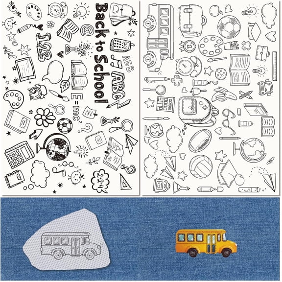 100+Pcs Back to School Embroidery Stabilizers Patterns 2 Sheets A4 Vintage Water Soluble Stick and Stitch Transfers Fabric Cartoon Hand Sewing Wash Away Pre-Printed Self Adhesive for Lovers Colorful