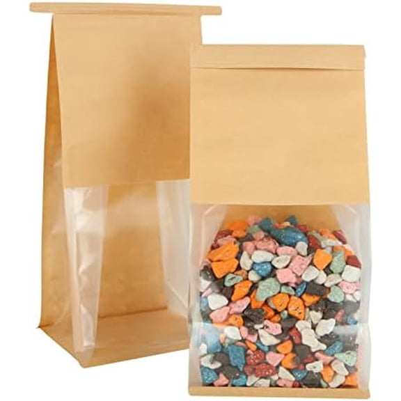 100 Pcs Bakery Bags with Window - 5.1 x 4.3 x 11 Inch Tin Tie Tab Lock Small Paper Bread Bags for Homemade Bread, Cookie, Pastry, Loaf, Treat Packaging, Brown | Tin Tie Tab Lock