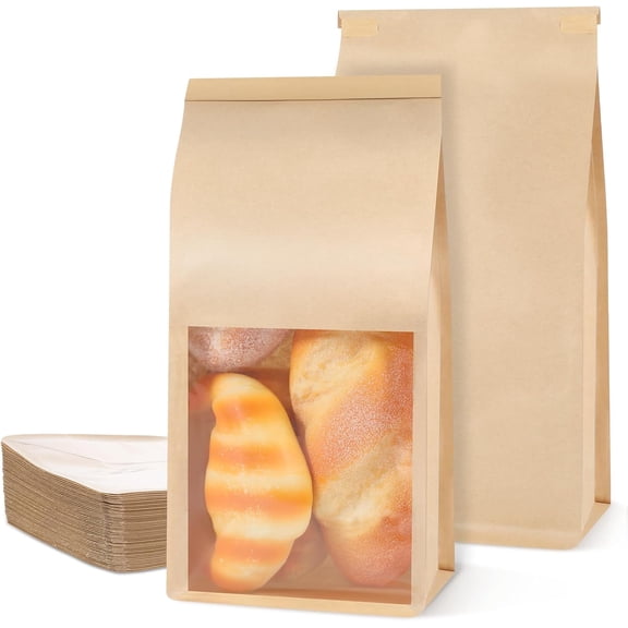 100 Pcs Bakery Bags with Window 5.1x3.9x11 Inches Brown Paper Bakery Bags with Tin Tie Tab Lock Paper Cookie Treat Bag for Packaging Cookies, Loaf, Popcorn