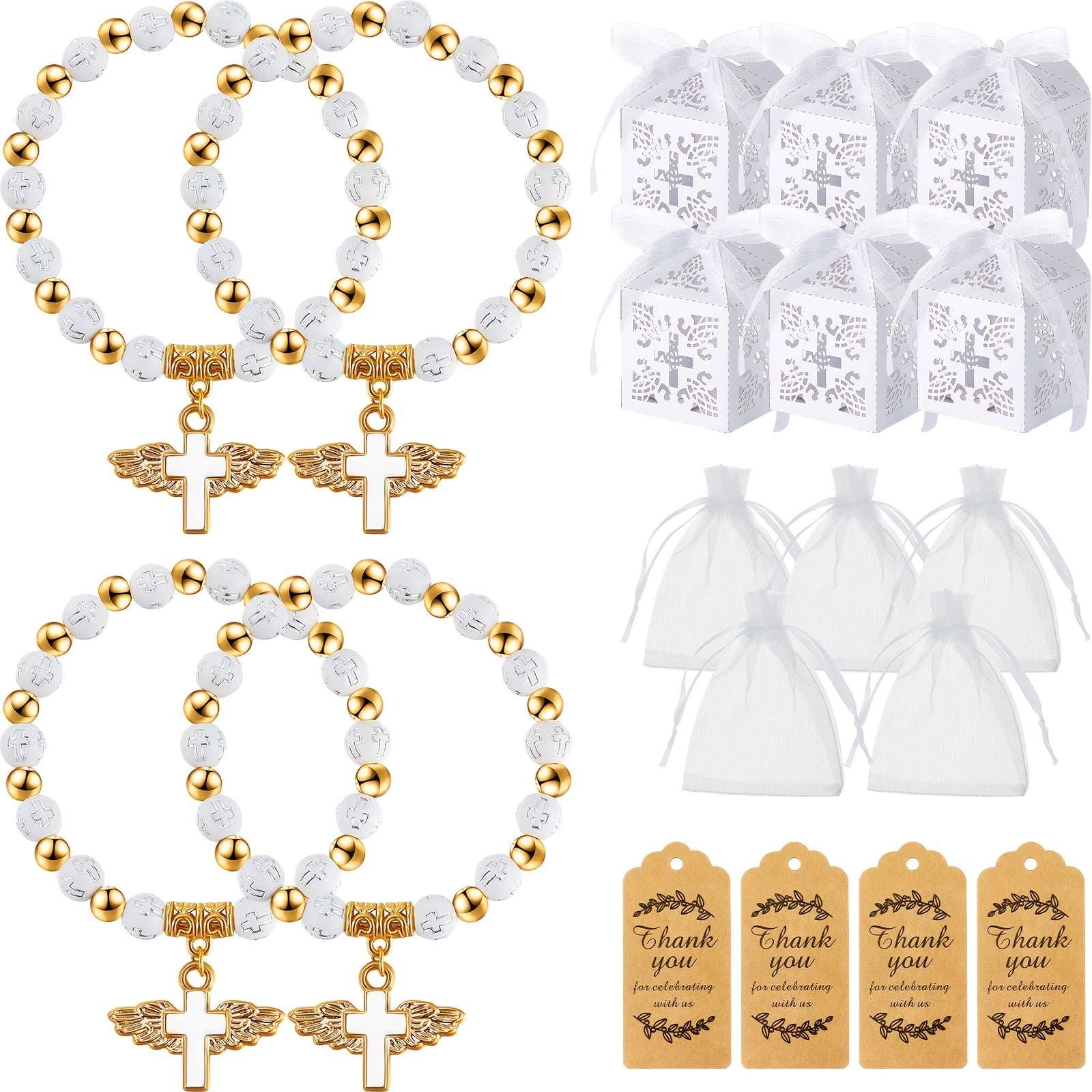 100 Pcs Baptism Favor Set with Angel Cross Bracelets, Religious Party Favors Bulk with Gift Boxes Tags and Organza Bags, Catholic Baptism Gifts, Christening Souvenirs, Church Event Supplies