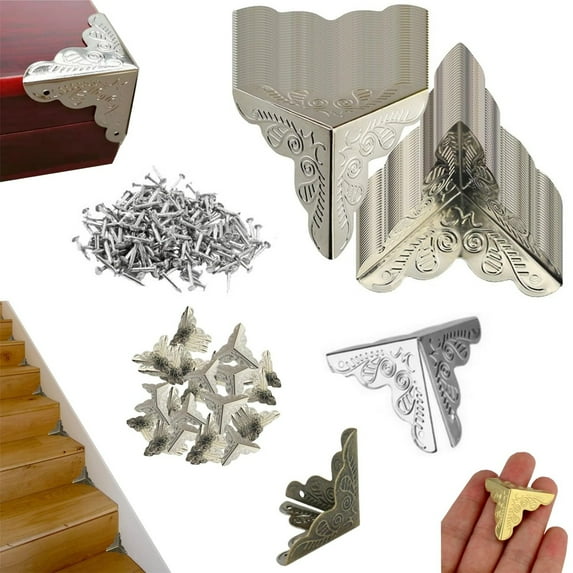 100 Pcs Baseboard Corner Protectors,Skiffers Baseboard Corner Protectors Brass,Corner Protectors For Furniture,Vintage Guards Desk Edge Box Corner Cover ors Antique 25mm（Silver）