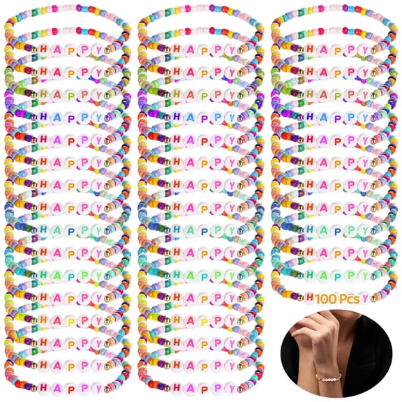 100 Pcs Beaded Friendship Bracelets, Motivational Acrylic Stretch Bracelets, Cute Colorful Bracelets with Alphabet Letters, Adjustable Rainbow Jewelry for Adults, Random Patterns & Colors