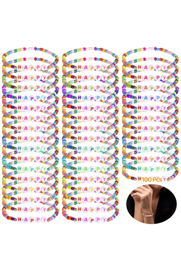 100 Pcs Beaded Friendship Bracelets, Motivational Acrylic Stretch Bracelets, Cute Colorful Bracelets with Alphabet Letters, Adjustable Rainbow Jewelry for Adults, Random Patterns & Colors