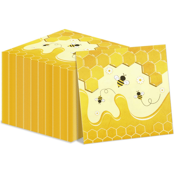 100 Pcs Bee Napkins, Bee Party Lunch Dinner Paper Napkins, Bumble Bee Party Decorations, Honey Bee Disposable Napkins for Bee Themed Party, Kid's 1st Bee Day, Baby Shower