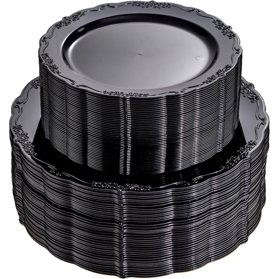 100 Pcs Black Plastic Plates 10 Inch Dinner and 7.5 Inch Dessert