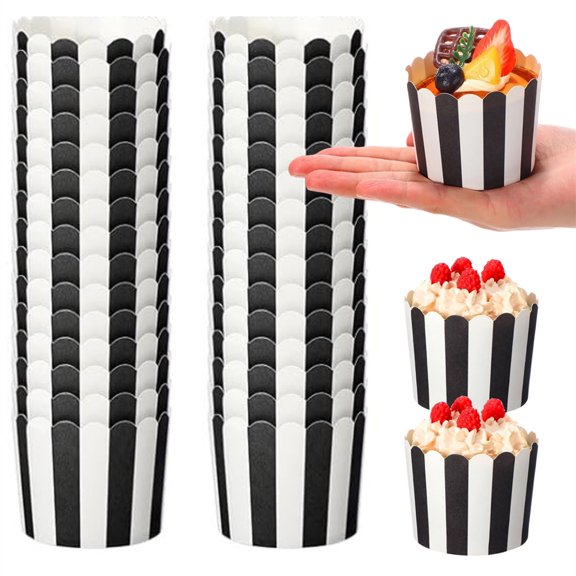 100 Pcs Black and White Stripes Cupcake Wrappers Disposable Baking Liners Paper Muffin Cake Cups 2.3 inch Small Candy Container for Carnival Christmas Birthday Party Supplies By Scheam