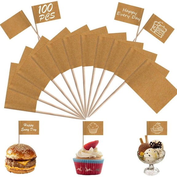 100 Pcs Blank Toothpick Flags, Kraft Paper Food Labels Cocktail Sticks Flags Cupcake Toppers Cheese Labels Party Food Flags for Buffet Fruit Salad Cheese Baby Shower Wedding Birthday Party Supplies