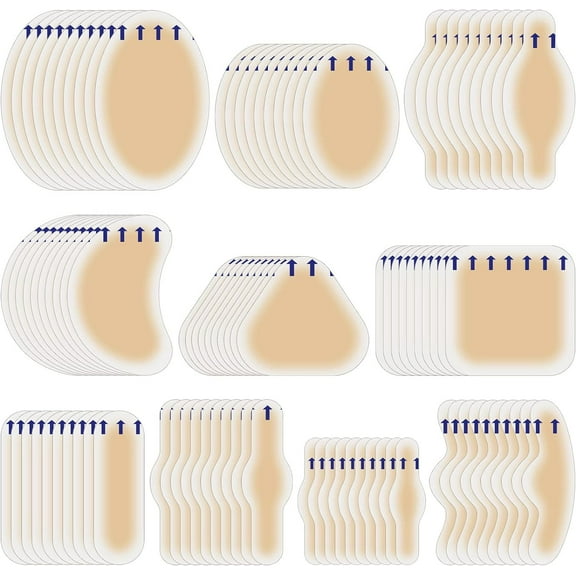 100 Pcs Blister Bandages Pads Gel Hydrocolloid Bandages Waterproof Adhesive Blister Prevention for Feet Heel Fingers Toes Forefoot Blister,10 Size
