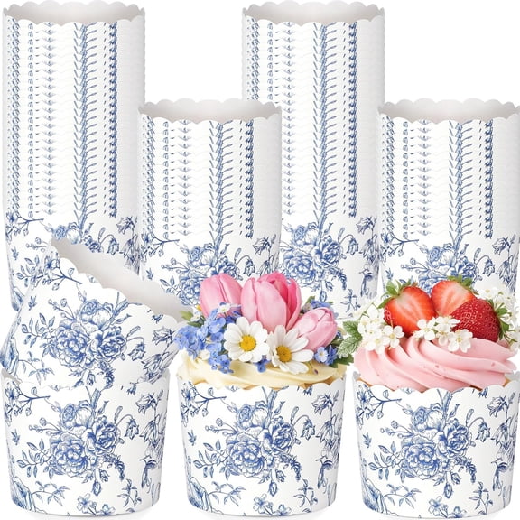 100 Pcs Blue Floral Paper Baking Cups Blue White Wildflower Ice Cream Cup Disposable Cupcake Liners Wrappers Decorative Dessert Bowls for Food Baby Shower Wedding Birthday Party Supply
