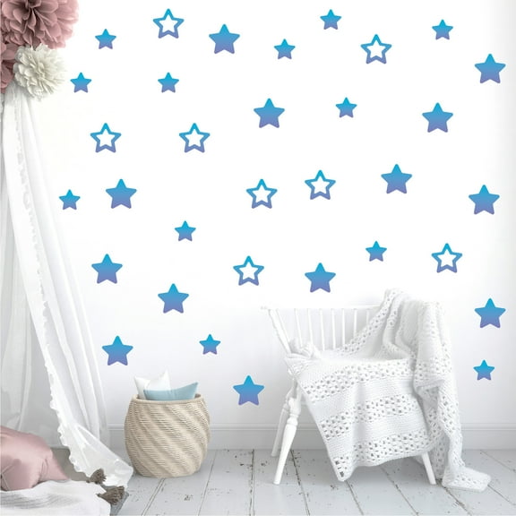 100 Pcs Blue Gradient Stars Decals Removable Wall Stickers Vinyl Peel and Stick Children's Room Kids Playroom Bedroom Living Room Furniture Decor