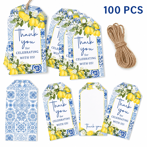 100 Pcs Blue Lemon Party Favor Tags, Lemon Themed Thank You Gift Tags with Rope, Cardstock Gift Labels for Bridal Shower, Bachelorette, Summer Birthday, Baby Shower & Wedding Engagement Party Supplie