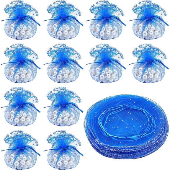 100 Pcs Blue Organza Bags Diameter 10" Round Drawstring Organza Bags Jewelry Gift Pouches with Sequins for Birthday Wedding Party Baptism Blue