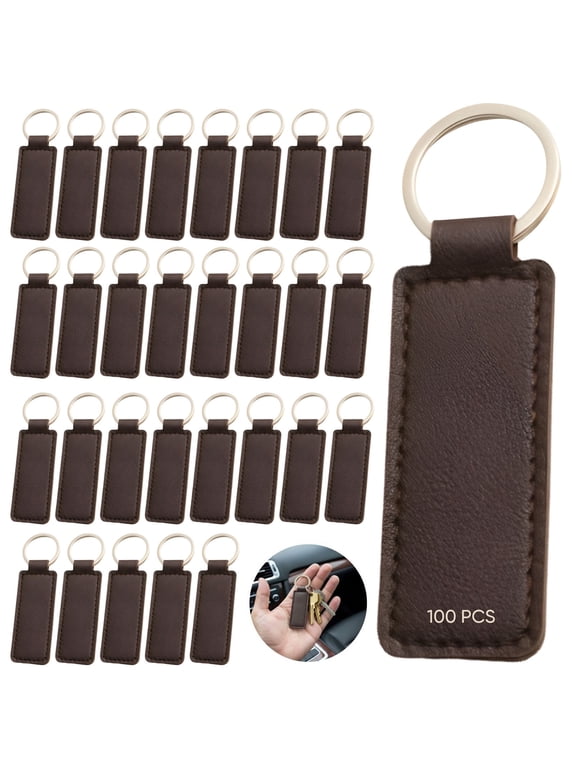 100 Pack Brown PU Leather Keychain Blanks Rectangular DIY Craft Keychains with 0.98" Metal Ring, 2.83" x 0.95" Engravable Blanks for Custom Gifts, Painting, Stamping & Promotional Use