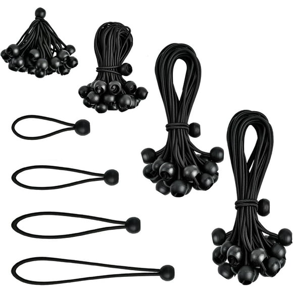 100 Pcs Bungee Cords with Ball, Small Bungee Cords Assorted Sizes with 4, 6, 8, 11 Inch, Heavy Duty UV Resistant Shock Cords, Elastic String Ties for Camping, Tent, Tarp and Canopy Shelter