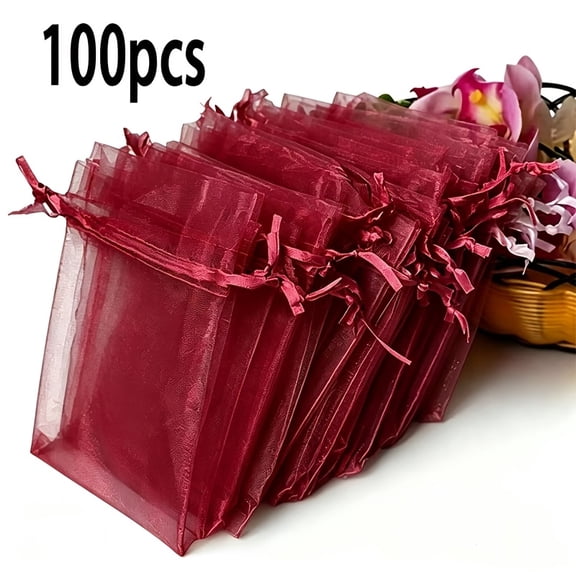 100 Pcs Burgundy Organza Gift Bags, Sheer Drawstring Mesh Pouches, Transparent Jewelry Candy Treat Bags for Wedding Party Favor Christmas Birthday Gift Packaging