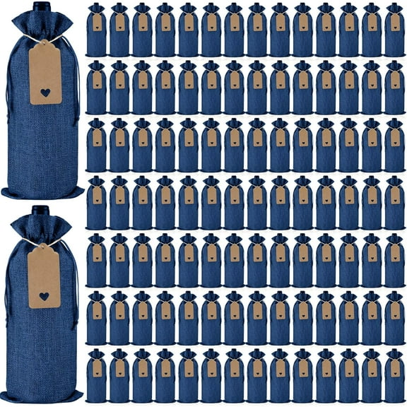 100 Pcs Burlap Wine Bags Bottle Gift Sacks with Tags 5.9 x 13.8 Inch Jute Burlap Plain Wine Bags for Wedding Birthday Blind Tastings Christmas Travel Party (Royal Blue)