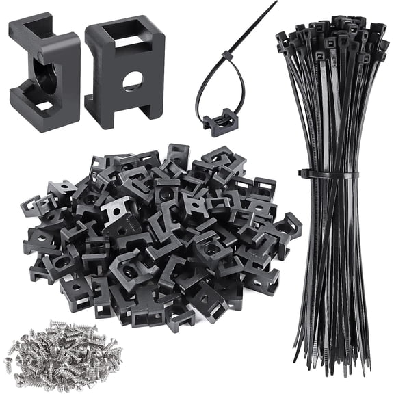 100 Pcs Cable Zip Tie Saddle Type Mounts Base with 100 Pcs 8" Cable Ties and 100 Pcs Tapping Screw, Wire Cable Clips Organizer Holders Clamps Black