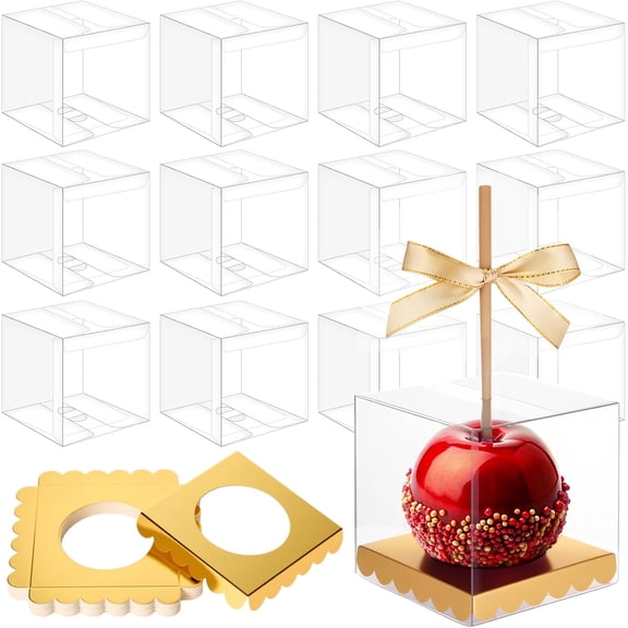 100 Pcs Candy Apple Box Set with Clear PET Top and Gold Base 4 Inch Square Gift Boxes with Cardboard Inserts