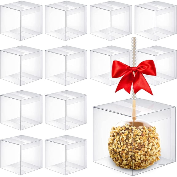 100 Pcs Candy Apple Boxes with Hole 4 x 4 x 4 Inch Caramel Apple Container Treat Gift Boxes for Wedding Birthday Party Chocolates Cookies Cake Pops (Clear)