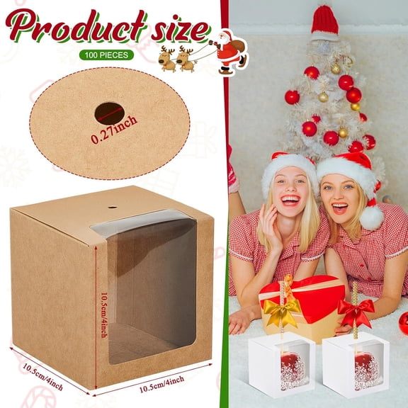 100 Pcs Candy Apple Boxes with Hole 4 x 4 x 4 Inch Caramel Apple Container Valentines Treat Gift Boxes for Wedding Birthday Party Chocolates Cookies Cake Pops (Brown)