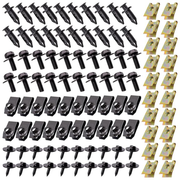 100 Pcs Car Screws and Bolts Universal Automotive Engine Under Cover Splash Shield Guard, Fender Liner, Bumper Push Retainer Clips, Plastic Rivets & U-Nuts for Car Body Hardware Replacement
