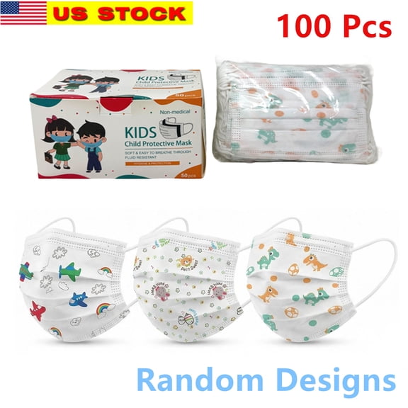 100 Pcs Cartoon Disposable Masks, Trendy Masks, Printed Masks, Mixed Styles in 3 Designs, Elastic Ear Loop Masks, Lightweight and Comfortable Breathable, Clouds, Rainbow, Airplane, Dinosaur, Bees