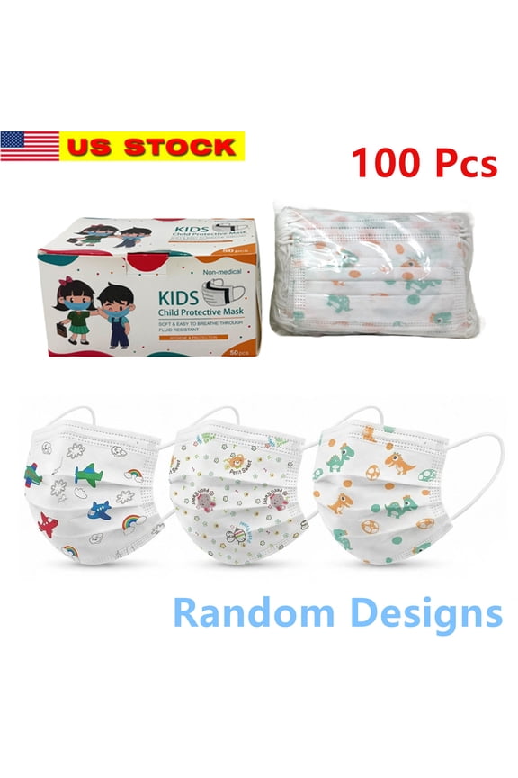 100 Pcs Cartoon Disposable Masks, Trendy Masks, Printed Masks, Mixed Styles in 3 Designs, Elastic Ear Loop Masks, Lightweight and Comfortable Breathable, Clouds, Rainbow, Airplane, Dinosaur, Bees