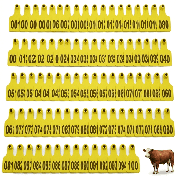 100 Pcs Cattle Ear Tags with Numbers 001-100, Large Plastic Livestock Identification Tags for Cattle, Sheep, Calf, Pig,