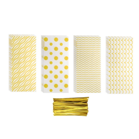 100 Pcs Cellophanes Treat Bags, 10.8"x 4.9" Clear Flat Cellophanes Bags Plastic Candy Gift with Twist Ties, Gold