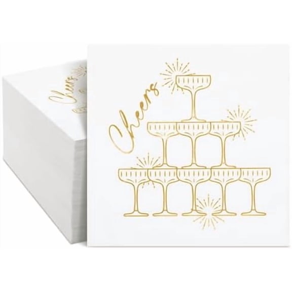 100 Pcs Cheers Cocktail Napkins 3-ply Champagne Tower Cocktail Disposable Paper Napkins for Home Dinner Wedding Bachelorette Party Tableware Bridal Shower Birthday Party Supplies