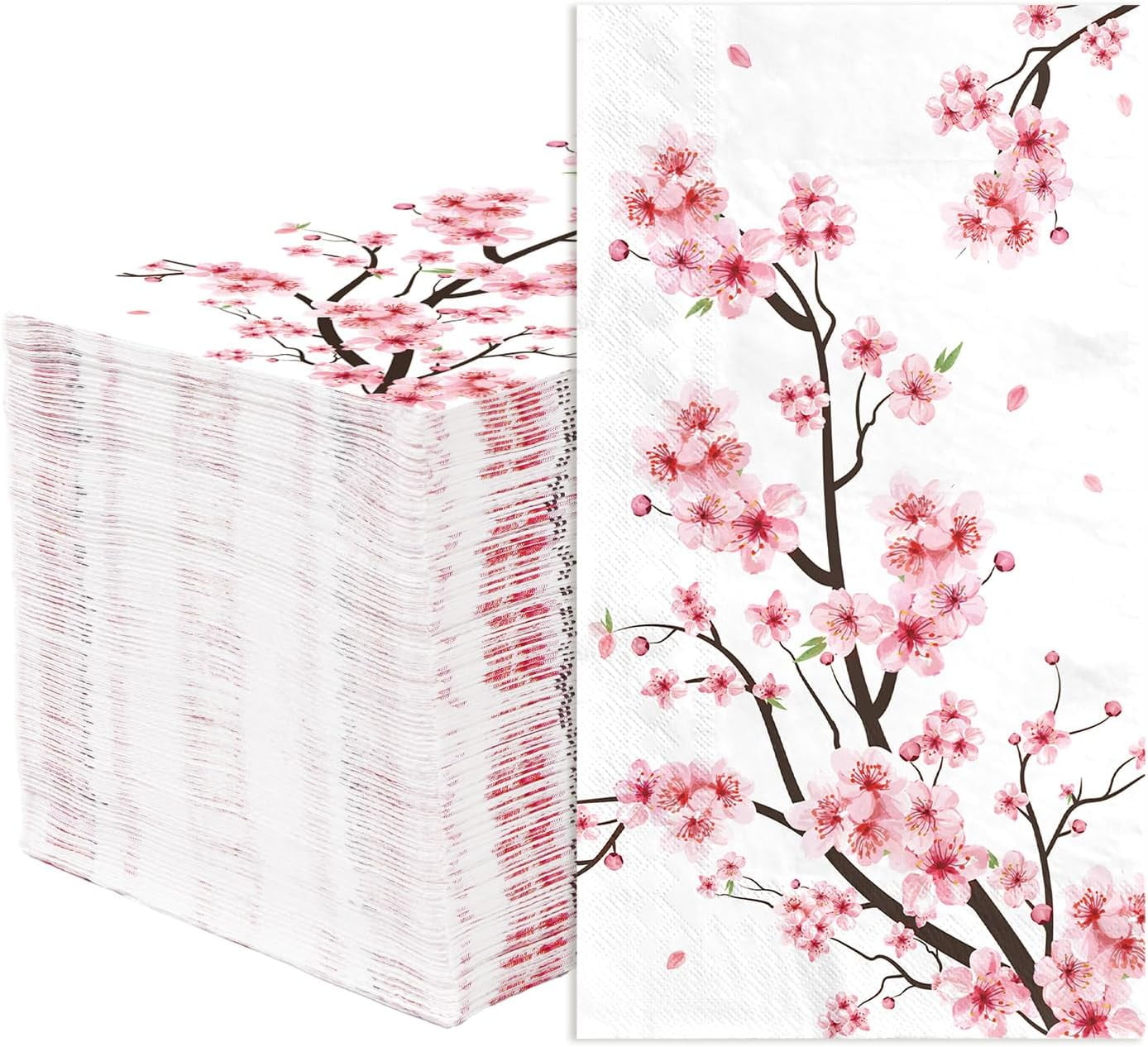 100 Pcs Cherry Blossom Paper Napkins 3 Ply Watercolor Pink Floral Disposable Absorbent Hand Towels Spring Flowers Guest Napkins for Seasonal Wedding Lunch Dinner Bathroom Kitchen Supplies Decorations