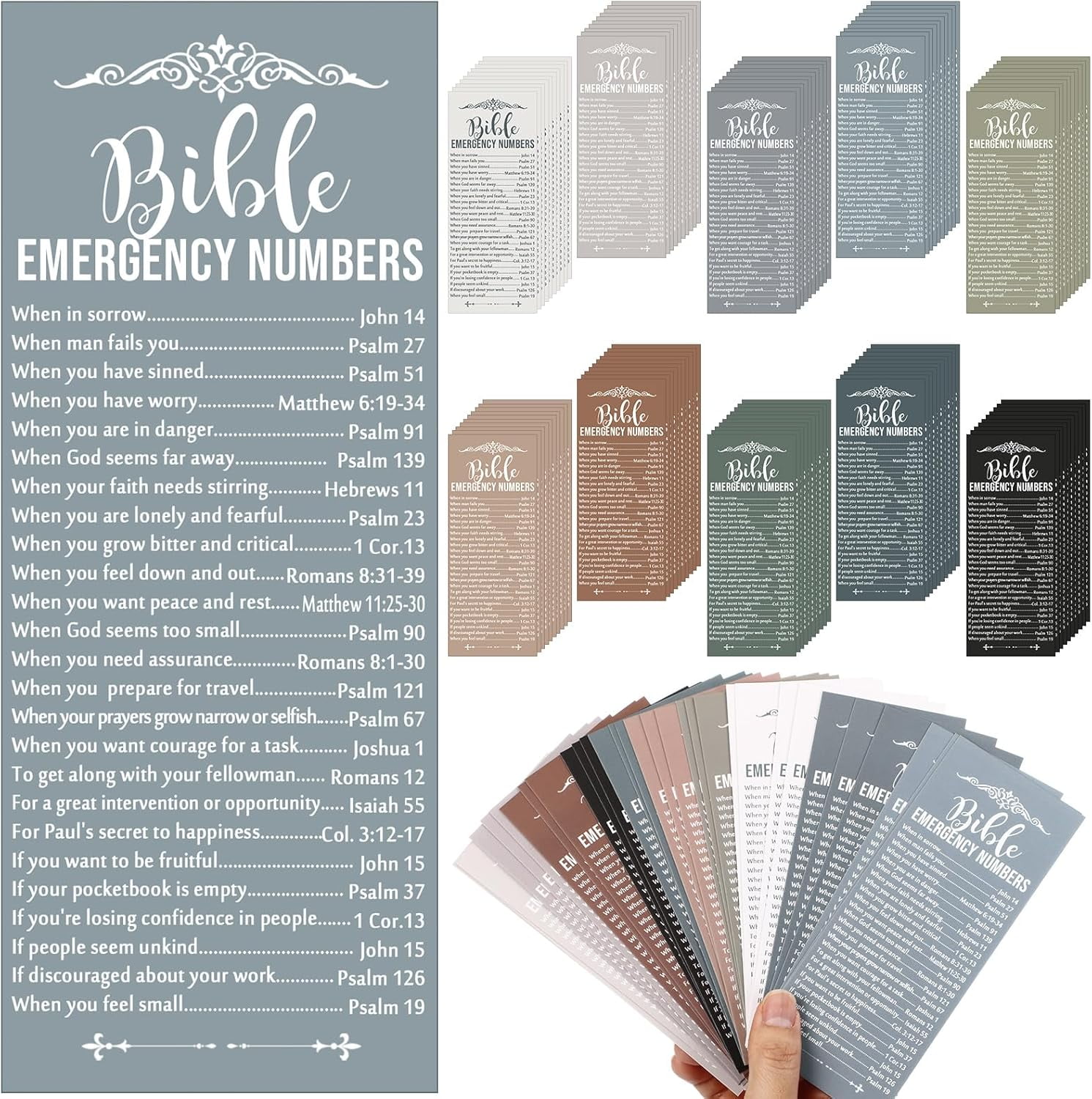 100 Pcs Christian Bible Verse Emergency Numbers Bookmark Christian Church Gift 2.36 x 6'' Religious Books of The Bible Bookmark for Women Men Catholic Retreat Sunday School(Morandi)