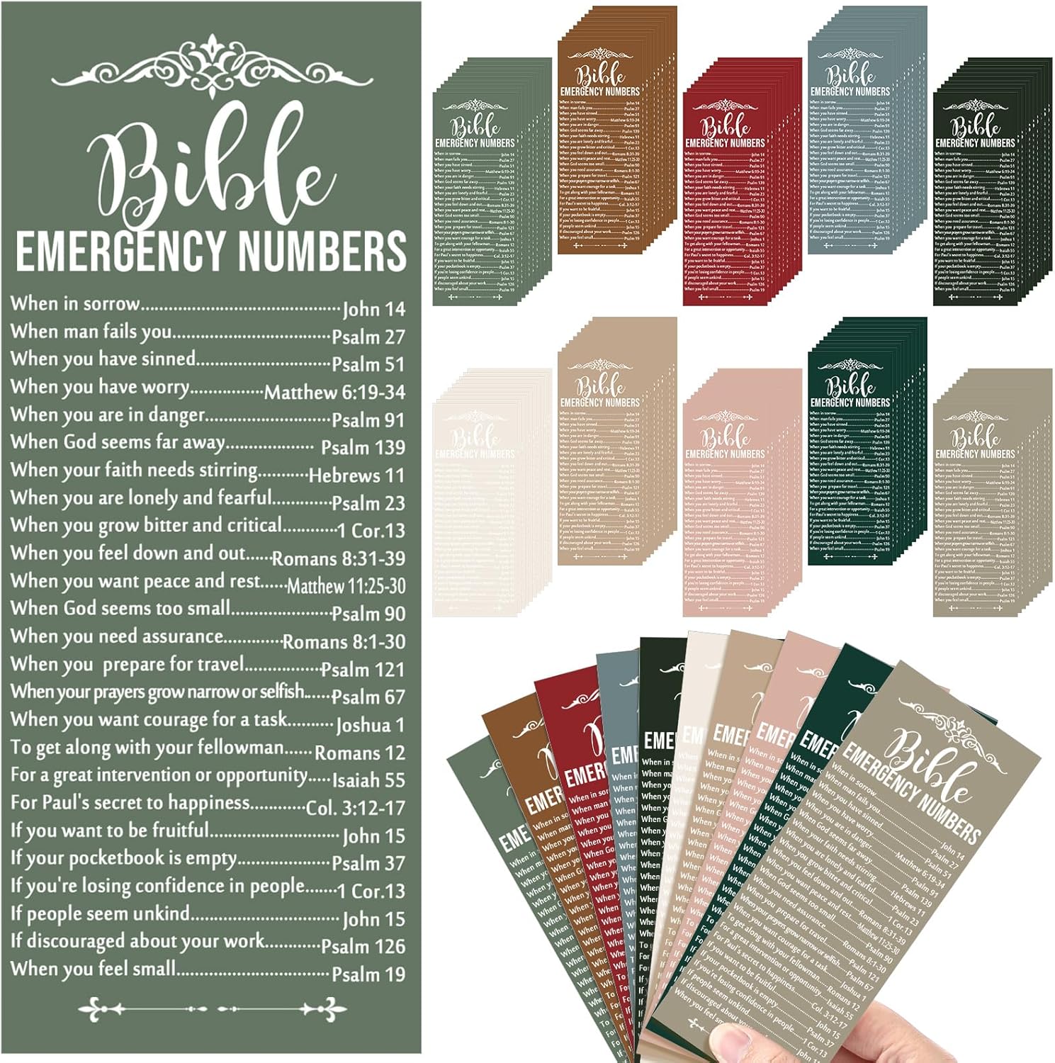 100 Pcs Christian Bible Verse Emergency Numbers Bookmark Christian Church Gift 2.36 x 6'' Religious Books of The Bible Bookmark for Women Men Catholic Retreat Sunday School(Multicolor)