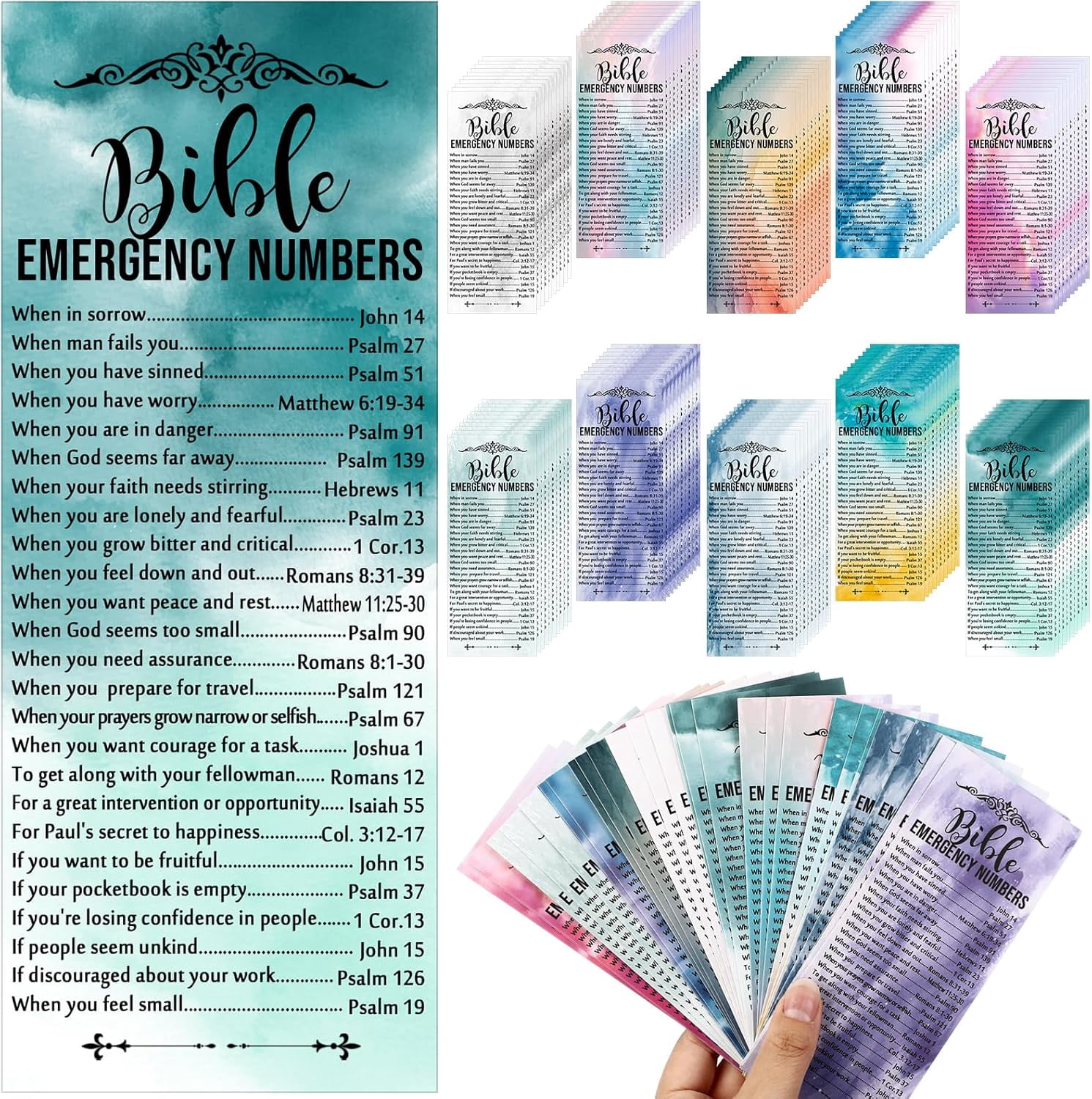 100 Pcs Christian Bible Verse Emergency Numbers Bookmark Christian Church Gift 2.36 x 6'' Religious Books of The Bible Bookmark for Women Men Catholic Retreat Sunday School(Colorful)