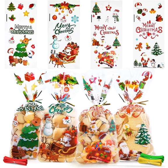 100 Pcs Christmas Cellophane Treat Bags, Clear Christmas Cellophane Sweet Candy Treat Bags, Santa Claus Bells Elk Pattern Party Bags for XMAS Party Supplies Decorations