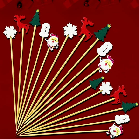 100 Pcs Christmas Cocktail Picks, 5.1'' Christmas Theme Wood Cocktail Toothpicks, Xmas Cocktail Skewers for Appetizers Bar Party Snacks BBQ Fruit Cake Sandwich Desert Snowman Tree Santa Elk Snowflake