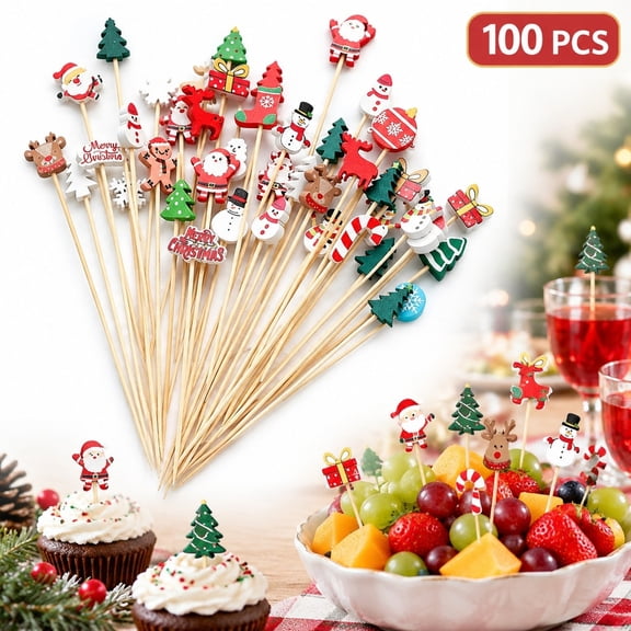 100 Pcs Christmas Fruit Picks Bamboo Cocktail Forks Santa Tree and Reindeer Shapes Party Decor