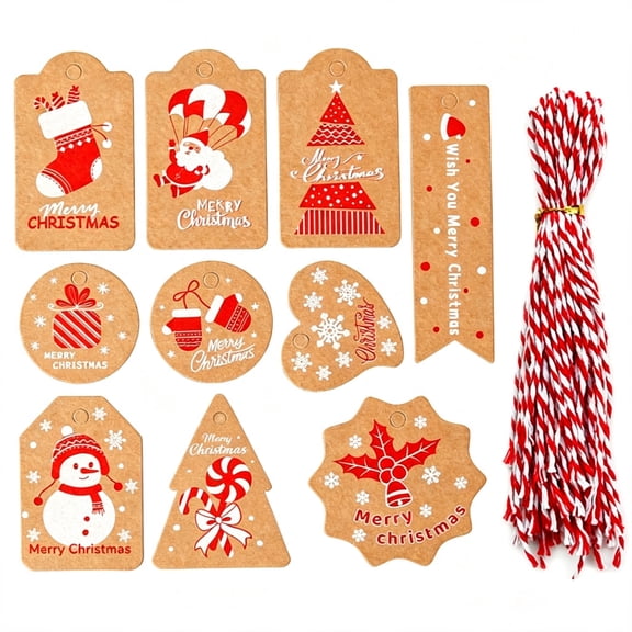100 Pcs Christmas Kraft Paper Tags Set 10 Assorted Designs with Red & White Cotton Strings Holiday Gift Labels DIY Wrapping Accessories