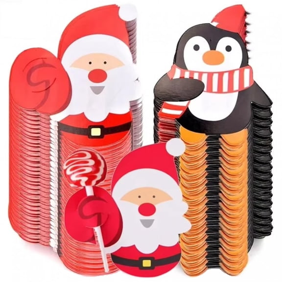 100 Pcs Christmas Lollipop Paper Card Cartoon Santa Penguin Candy Lollipop Wrapping Decoration Candy Holder Cards for Christmas Party Supplies