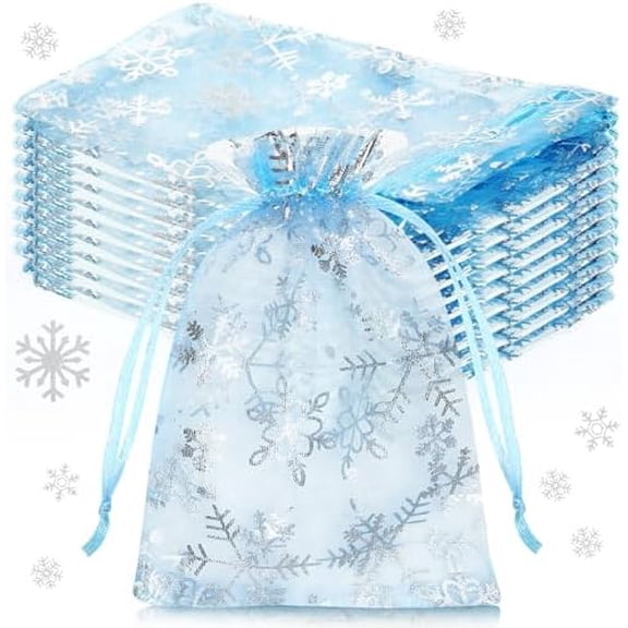 100 Pcs Christmas Snowflake Organza Gift Bags 4 x 6 Inch Small Mesh Jewelry Pouches Mini Drawstring Candy Goody Organza Favor Bags for Christmas, Winter Party, Jewelry(Light Blue)